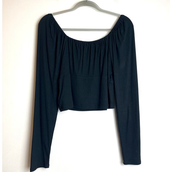 Madewell Ribbed Square-Neck Long-Sleeve Top Size XL Black Cropped Boho Castle - Picture 2 of 6